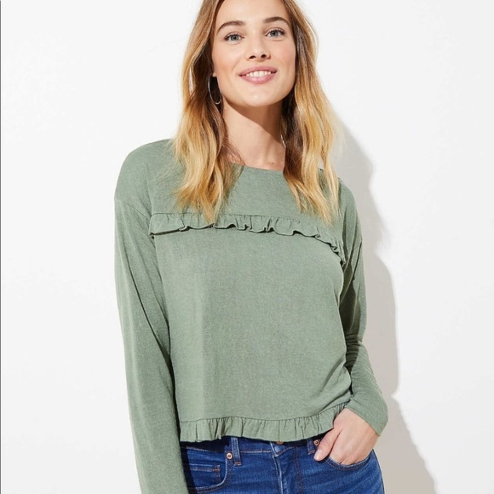 Loft Olive Green Ruffle Long Sleeve Cropped Top